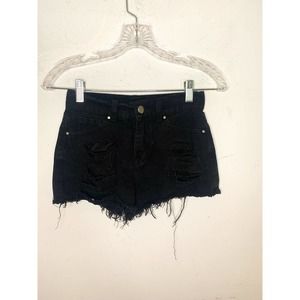 Pretty Little Thing Jean Shorts Black Denim High Rise Distressed Cut Off Sz 0